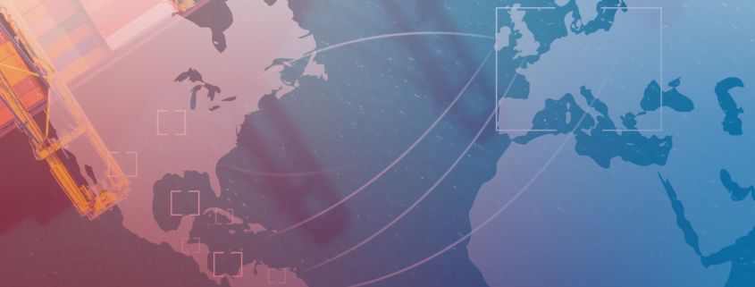 Conexiones globales en un mapa mundi sobre comercio internacional y exportaciones