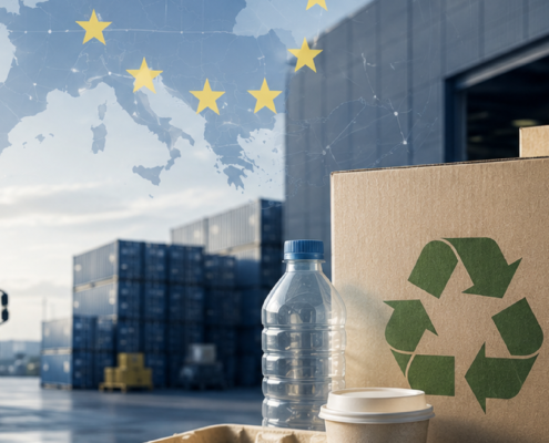Envases reciclables y cajas de cartón en un centro logístico con un mapa de Europa al fondo